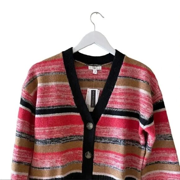 BP BLACK MARL STRIPE Button Down Red Black V-Neck Crop Cardigan Sweater XS - Picture 3 of 16